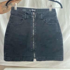 Black denim zip up mini skirt
